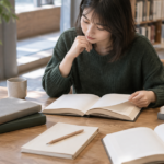図書館で複数の美術書を読み比べる人