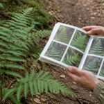 森林のシダと図鑑の写真を見比べている様子