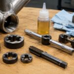 自転車のBBシェルとねじ加工用工具を作業台に並べたイメージ