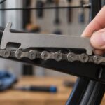 自転車チェーンに摩耗確認用ゲージを当てている様子