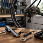 自転車の変速機まわりと整備工具が並ぶ作業台