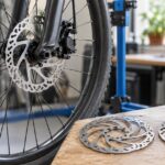 整備台の自転車ホイールと交換用ディスクブレーキローター