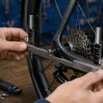 自転車のリアエンド付近でアライメント工具を使って測定している様子