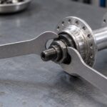 自転車のハブに2本の薄型スパナを掛けた様子