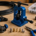 自転車の油圧ブレーキホース加工工具とホース、金具を作業台に並べたイメージ