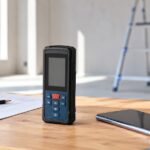 レーザー距離計とスマートフォン、図面を作業台に並べたイメージ