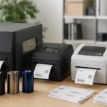 業務用ラベルプリンターとラベルロールを並べて比較しているイメージ