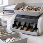 混在した硬貨を卓上型の計数機で仕分けている様子