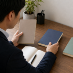 複数の無地の学習書を机に並べて比較するビジネスパーソン