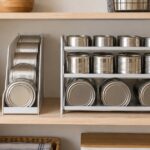 大小の食品缶を棚の収納ラックに整理したキッチン収納のイメージ