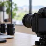 動画編集用ノートPCの横にミラーレスカメラを設置した撮影環境