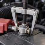 車のバッテリー端子に2本爪のプーラーを掛けたイメージ