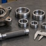 車のハブ部品と径の異なる圧入用アダプターを作業台に並べた様子