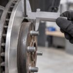 ブレーキローターの厚さをゲージで測っている整備場面
