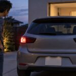 片側のブレーキランプが点灯しない車を後方から見ている様子
