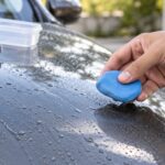 濡れた車のボンネットに青い洗車粘土を当てる様子