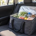 車の後部座席に食料品入りのクーラーバッグを置いた様子