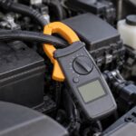車のバッテリー配線をクランプメーターで測定している様子