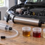 車のそばに並べた汎用の手動式フルード吸引器と複数の油液容器