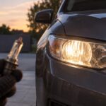点灯した車のヘッドライトと手袋で持った交換用バルブ