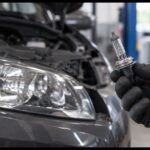 車のヘッドライト付近で交換用ハロゲンバルブを持つ整備士の手