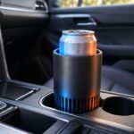車内のカップホルダーに保温保冷器と缶飲料を置いたイメージ
