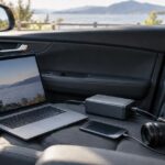 車内にノートパソコンとスマートフォン、カメラ、車載電源機器を並べた様子