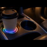 夜の車内でLEDコースターがカップの下を照らしている様子