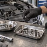 車の整備台で丸型と角型のトレーにボルトやナットを整理している様子