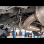 車体下のマフラー吊りゴムにプライヤーを当てている様子