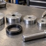 大きさの異なるオイルシール圧入治具を整備台に並べた様子