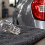 車のテールランプ付近に置かれた透明な自動車用バルブ
