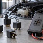 車の整備台に汎用リレーとリレーテスターを並べた様子