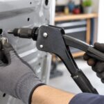 車体の薄板にリベットナッターを当てる整備作業のイメージ