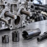 車のエンジン部品から伸びる複数のスタッドボルトと取り外し工具