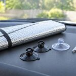 車内にサンシェードと交換用吸盤、ノギスを並べたイメージ