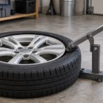 車のタイヤと手動式ビードブレーカーをガレージに配置したイメージ