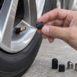 車のタイヤバルブに無地のキャップを近づけている様子