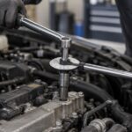 車のエンジン上で角度締め用ゲージを使う整備イメージ
