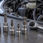 車のエンジンルーム前にサイズと長さの異なるトルクスビットソケットを並べた様子
