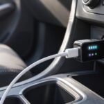 車内のUSB端子に接続した電力計と充電ケーブル