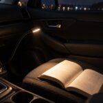夜の車内でUSB読書灯が助手席の本を照らしている様子