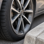縁石の近くに停車した車のホイールとリム部分