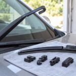 車のワイパーアームと複数の接続アダプターを並べた様子