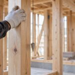 木造建築の柱に下げ振りを垂らして鉛直を確かめる大工の手元
