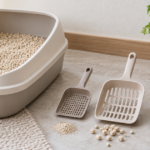 猫トイレの横に穴幅と柄の長さが異なるスコップを並べた様子