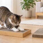 木製ケースの爪とぎを使う猫と、幅や厚みが異なる交換用爪とぎ板