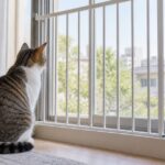 室内の窓フェンス越しに外を見る猫
