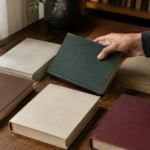 木の机に並ぶ無地の古典書から一冊を手に取る様子