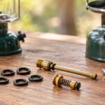 キャンプ用ランタンやストーブのそばにOリングとバルブ部品、工具を並べた様子